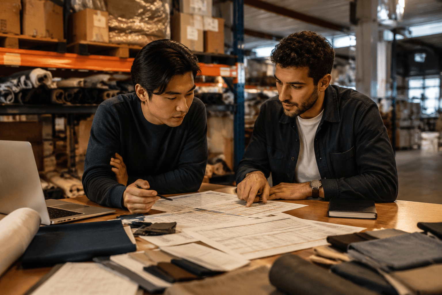 AI reference — founders at desk. Replace with real founder photo.